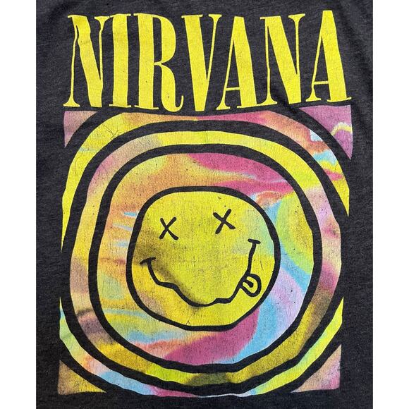 Nirvana Band Gray T-Shirt Size Small Smiley Face Logo Psychedelic Tie-Dye Swirl - Picture 3 of 9